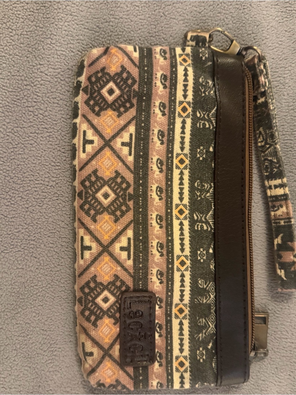 Tribal Pattern Wristlet Wallet with Brown Leather Trim